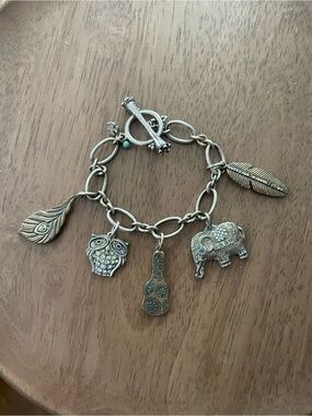 Lucky Brand Boho Silver-Tone Charm Bracelet w/ Owl, Elephant, Guitar & Feathers